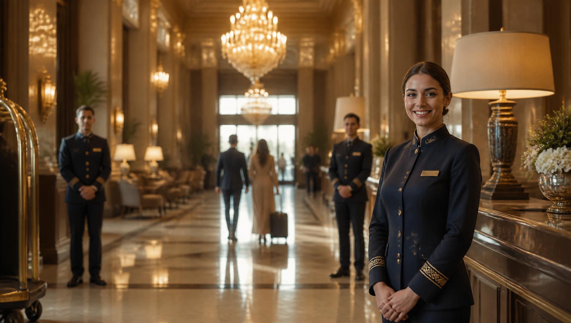 Luxury hotel lobby with hospitality staff welcoming guests